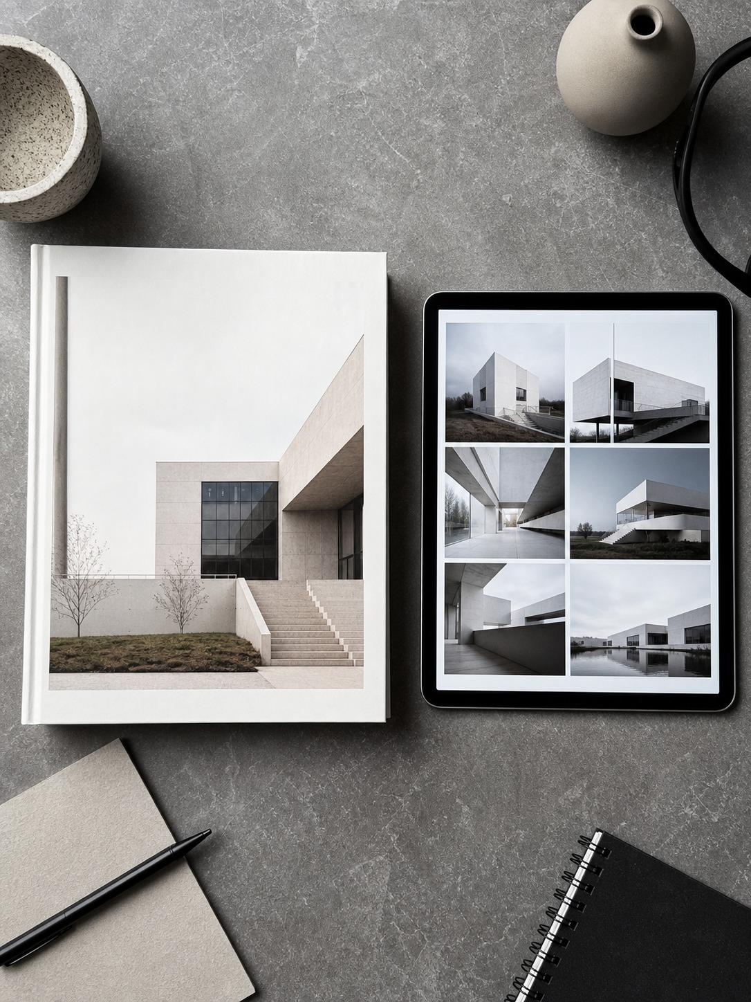 Printed portfolio and tablet portfolio arranged side by side on a desk