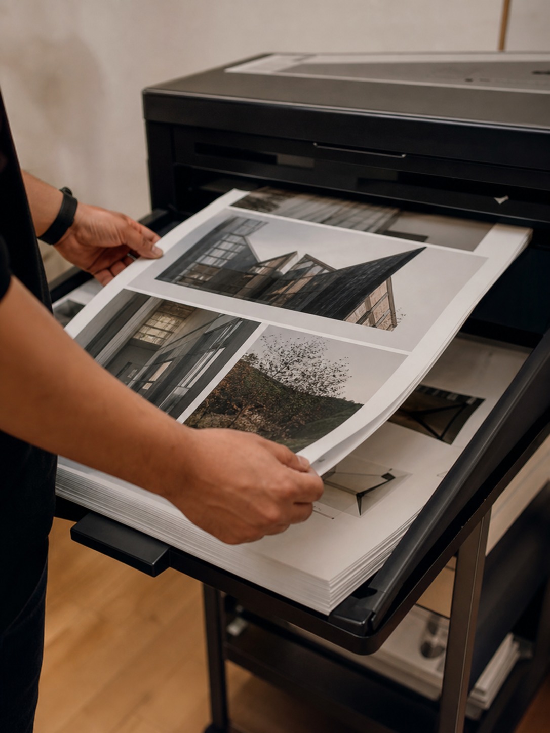 Fresh architecture portfolio pages being lifted from a professional printer