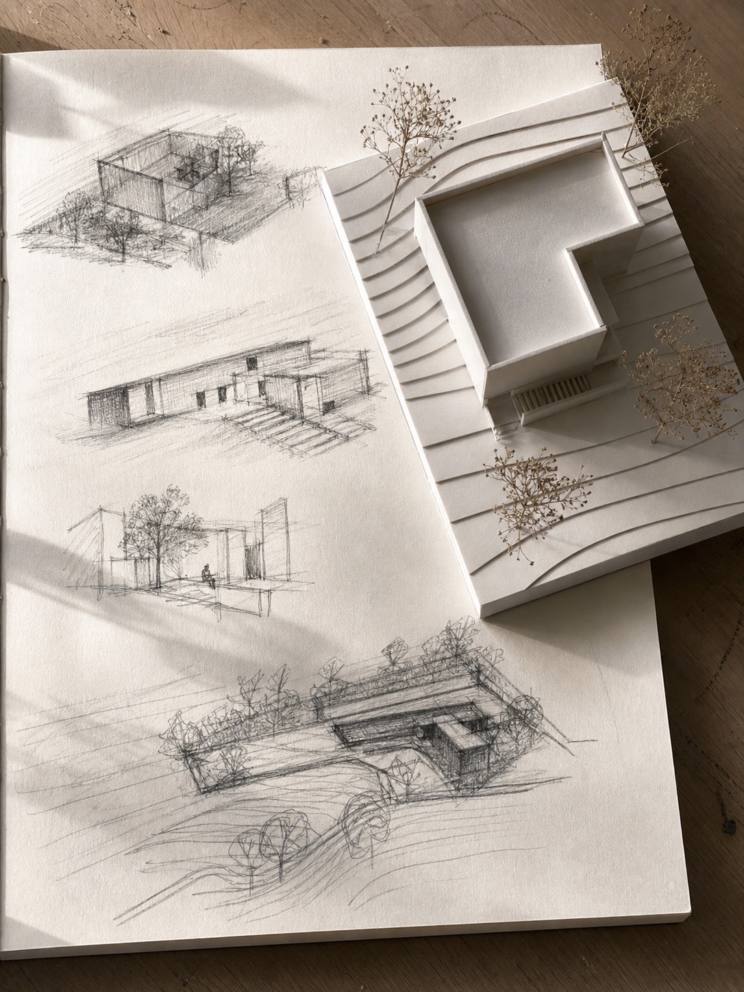 Architecture process page with massing sketches beside a white study model