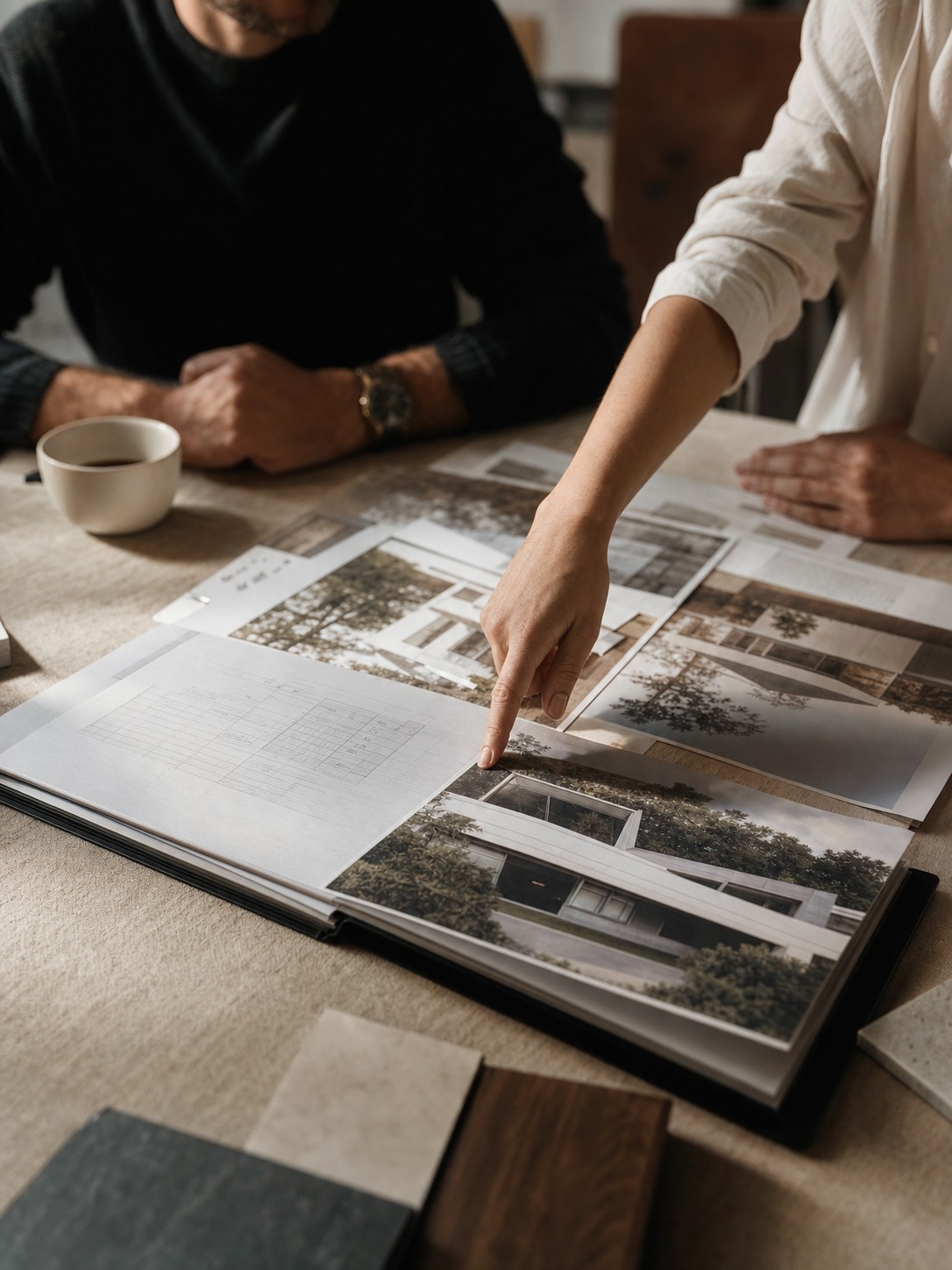 Two reviewers discussing spread-out architecture portfolio pages on a studio table
