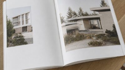 Open architecture portfolio spread on an oak desk with a small study model nearby