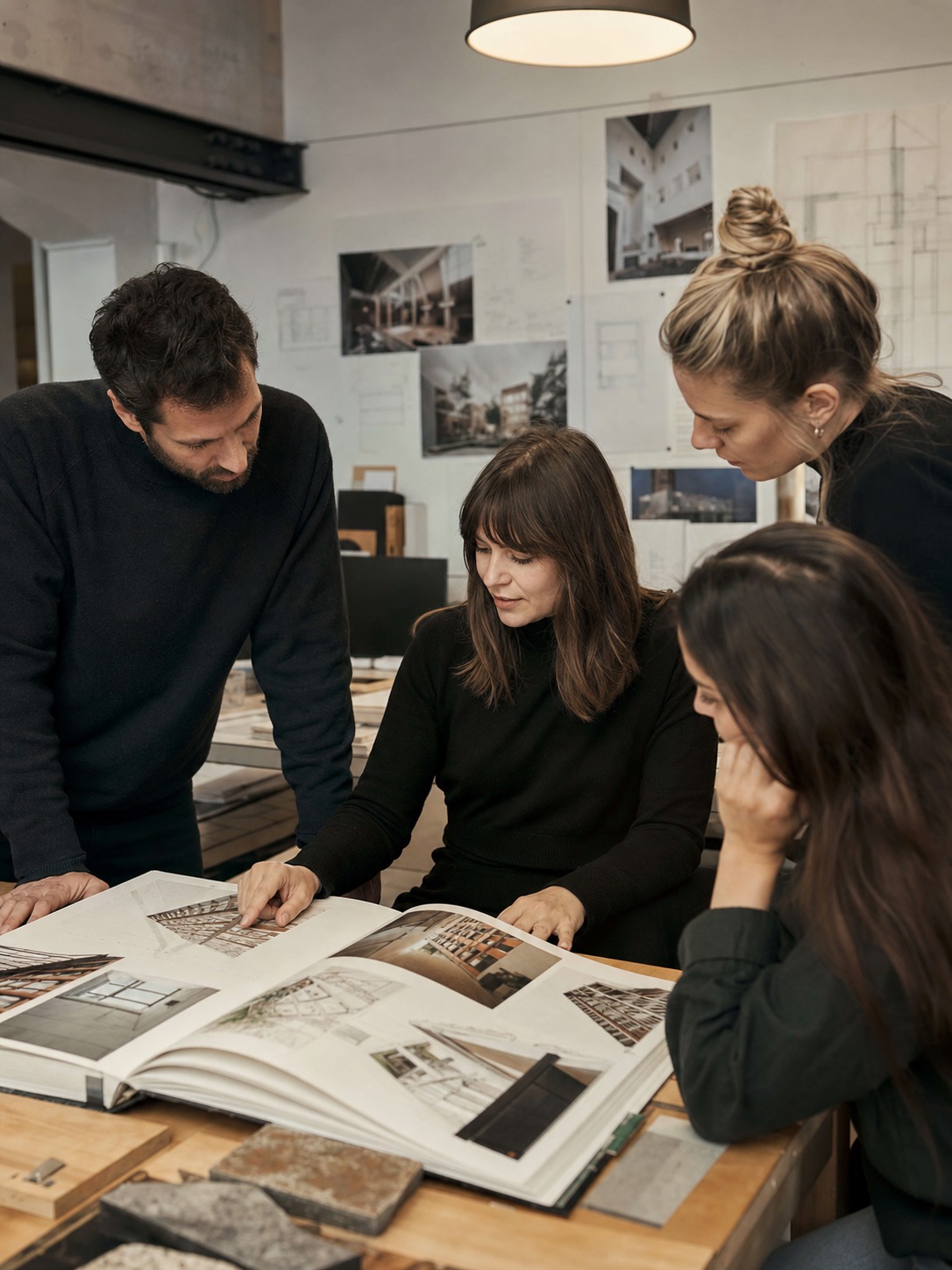 Design studio group reviewing an open architecture portfolio together