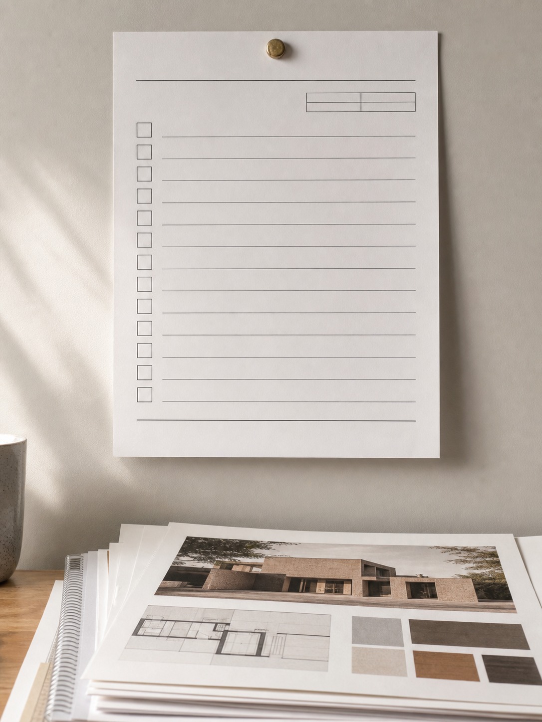 Blank pre-submission checklist pinned above stacked architecture portfolio pages
