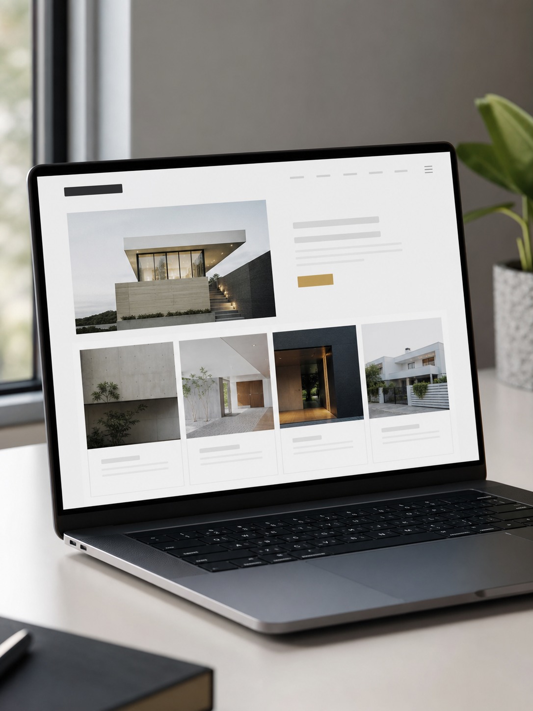 Laptop screen showing an architecture portfolio website grid on a minimalist desk
