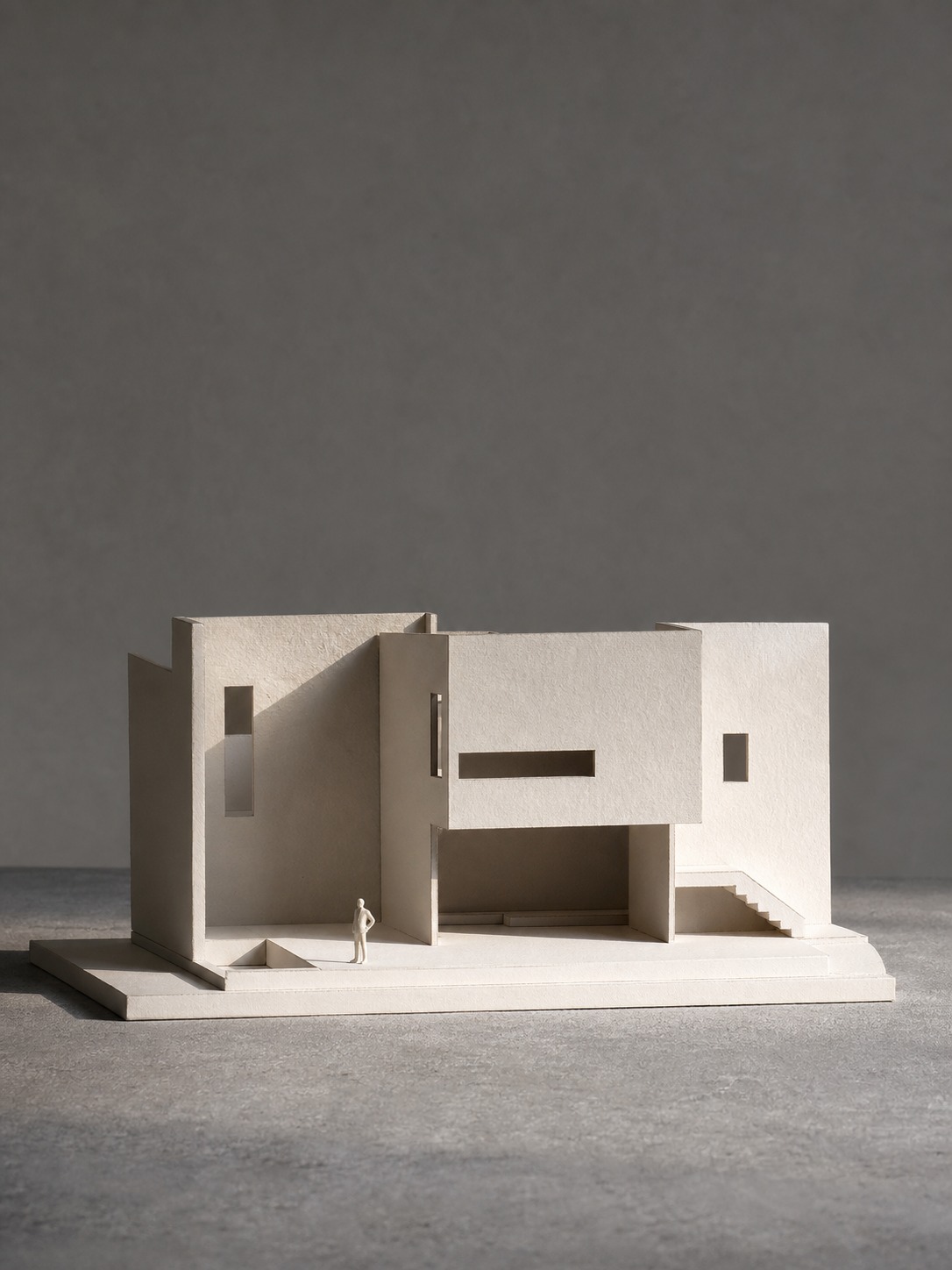 White architectural study model lit by raking side light on a grey backdrop