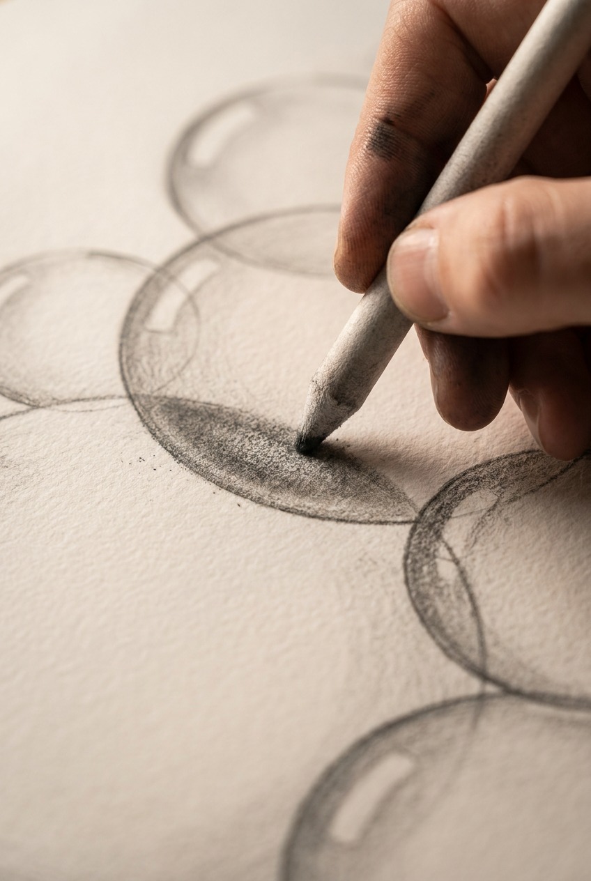 Artist's hand using a blending stump to shade a soft core shadow on a large realistic bubble study.