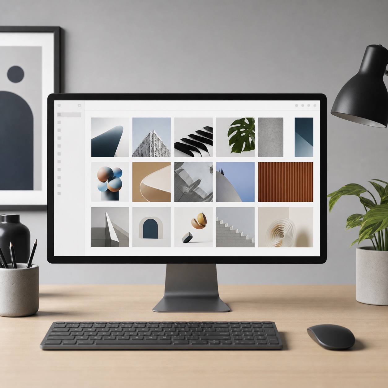 A minimalist keyboard, mouse, and monitor displaying a shared creative asset grid.