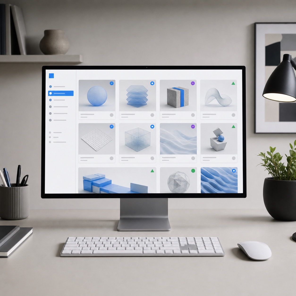 Asset library with version tags Minimal studio desktop with monitor showing an abstract asset library grid and version tags. | Sky Rye Design Minimal studio desktop with monitor showing an abstract asset library grid and version tags.