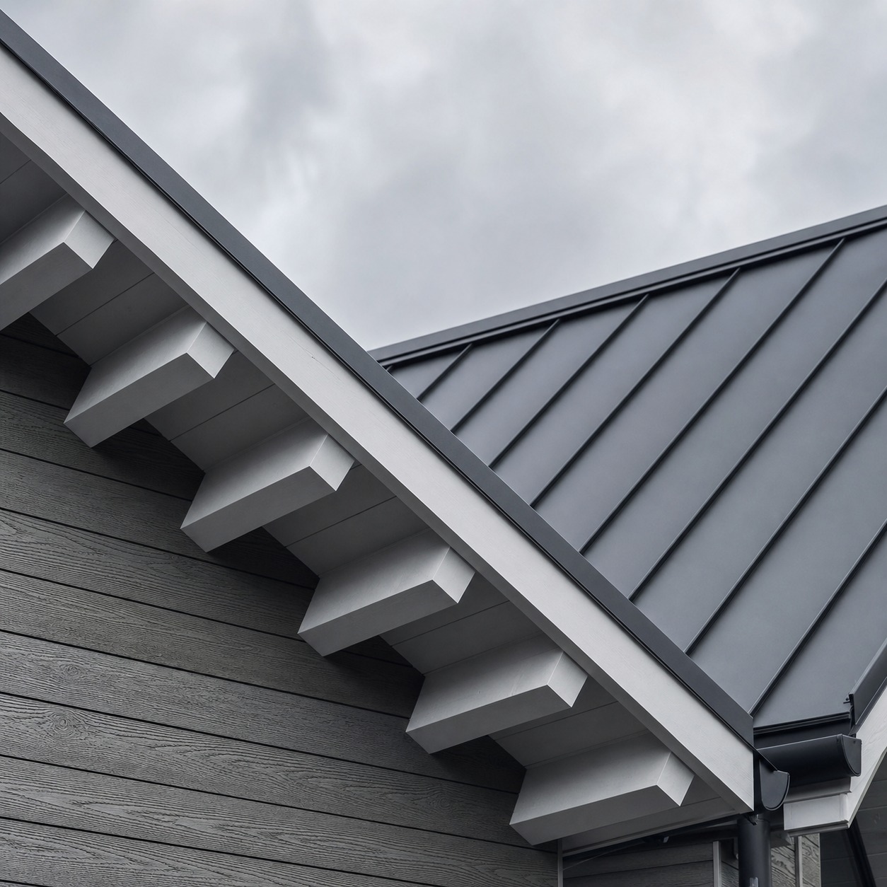 Asymmetric Annexe Roofline Detail An exterior detail of an asymmetric annexe roofline with standing-seam metal roofing. | Sky Rye Design An exterior detail of an asymmetric annexe roofline with standing-seam metal roofing.