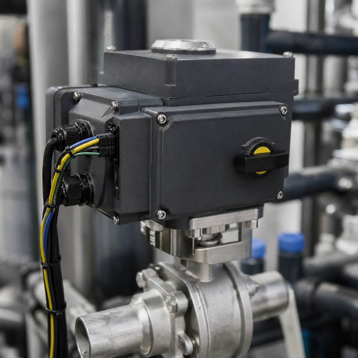 Electric actuator mounted on an automated valve Electric actuator mounted on an automated valve | Sky Rye Design Electric actuator mounted on an automated valve