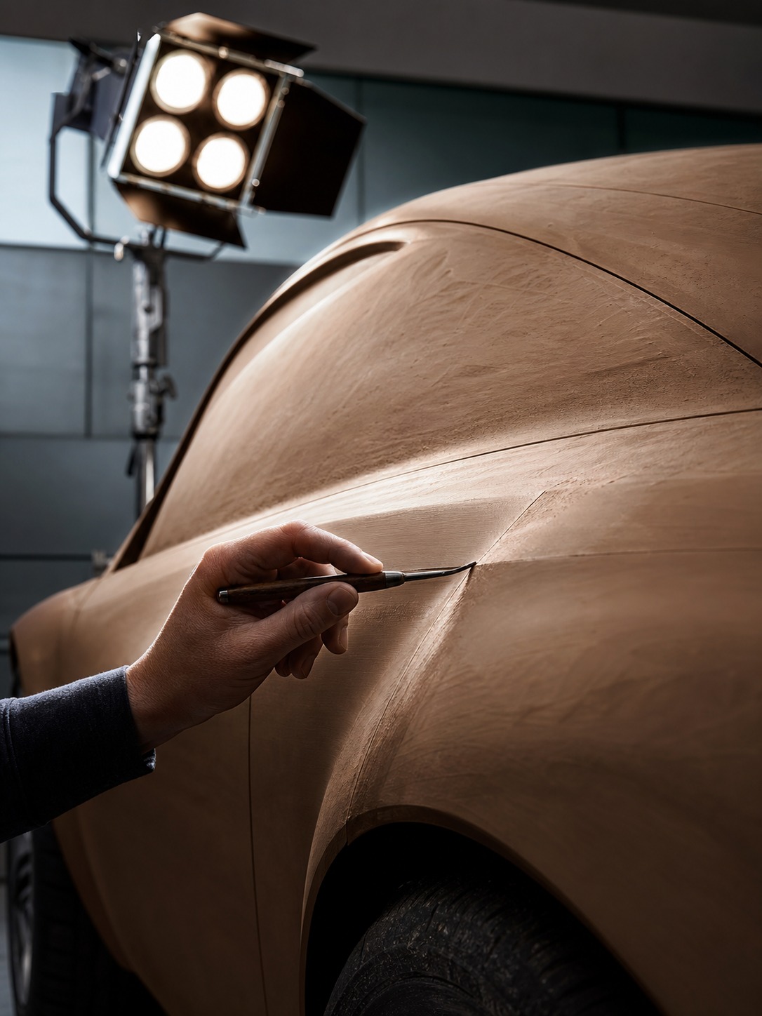 Automotive clay modeling studio tool A clay modeling tool shaping a full-size car body surface under raking studio light. | Sky Rye Design A clay modeling tool shaping a full-size car body surface under raking studio light.