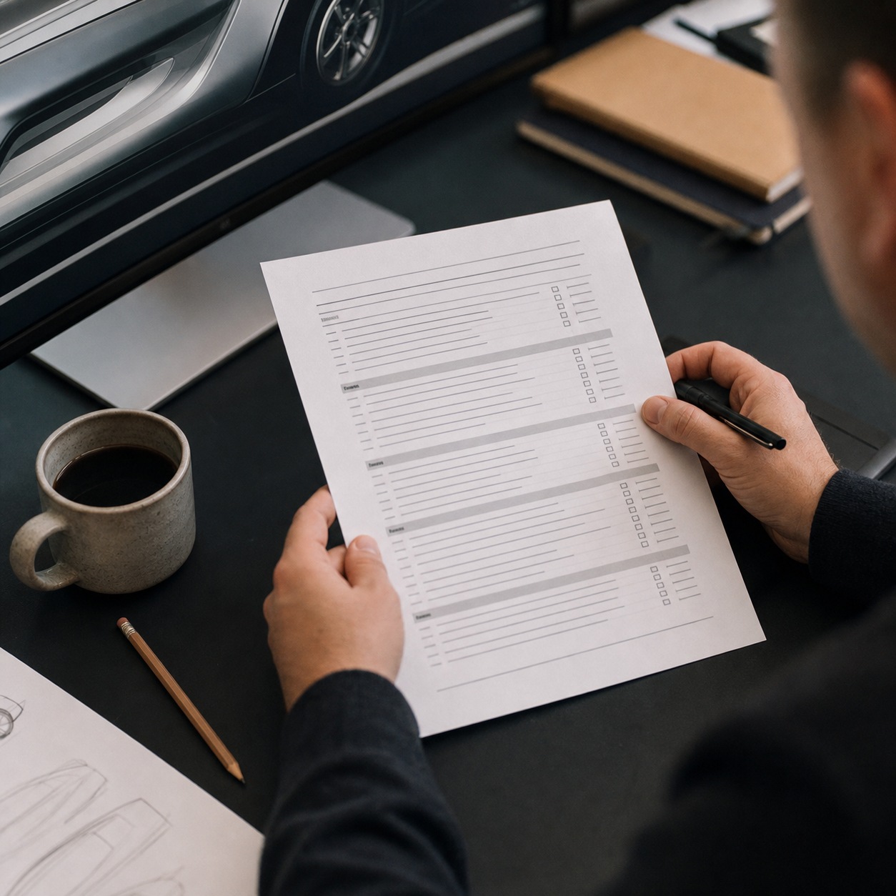 Automotive Design Handoff Checklist Designer reviewing a printed handoff checklist beside a surfacing render on a studio monitor. | Sky Rye Design Designer reviewing a printed handoff checklist beside a surfacing render on a studio monitor.