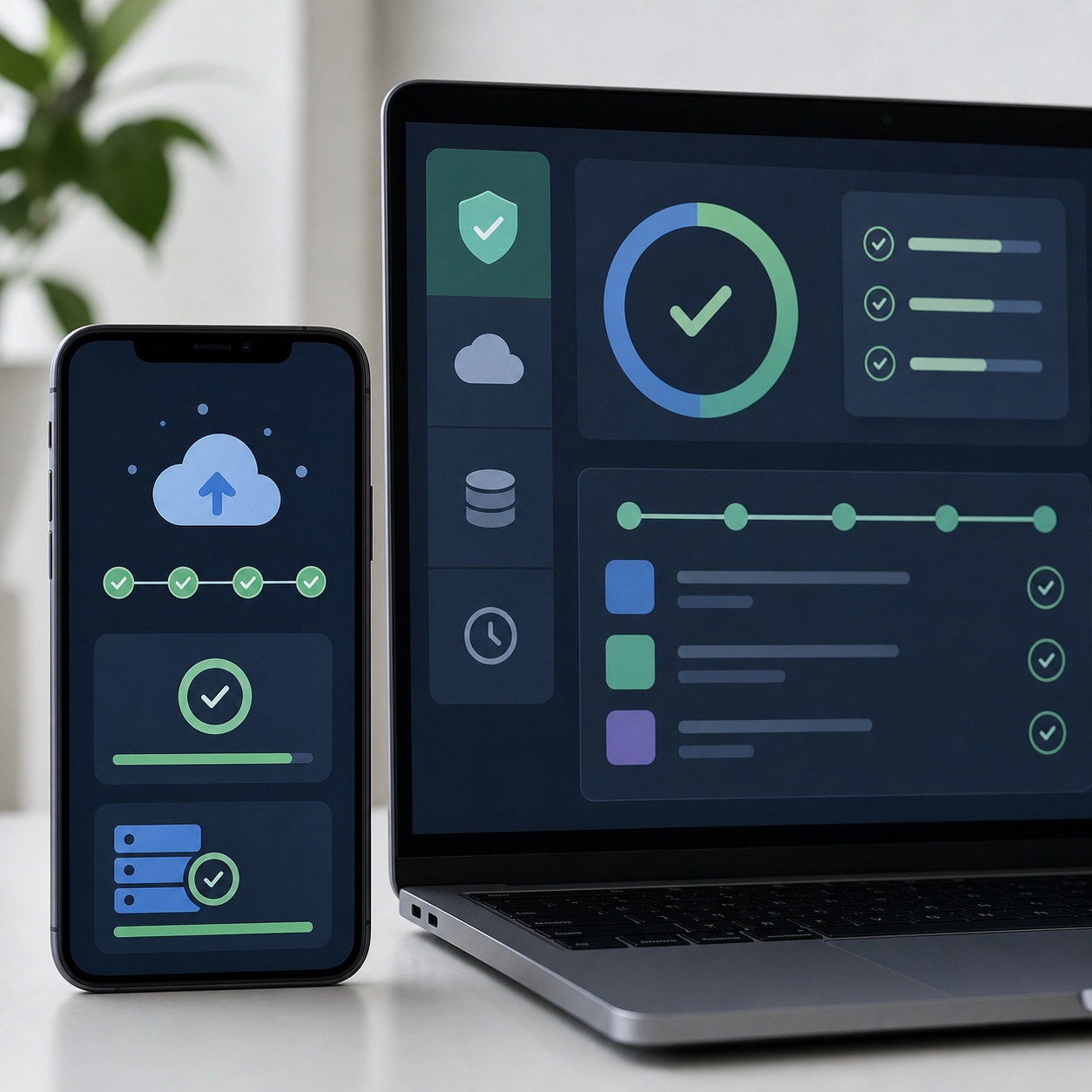 Backup verification and disaster recovery timeline A smartphone and laptop showing backup verification and a disaster recovery timeline. | Sky Rye Design A smartphone and laptop showing backup verification and a disaster recovery timeline.