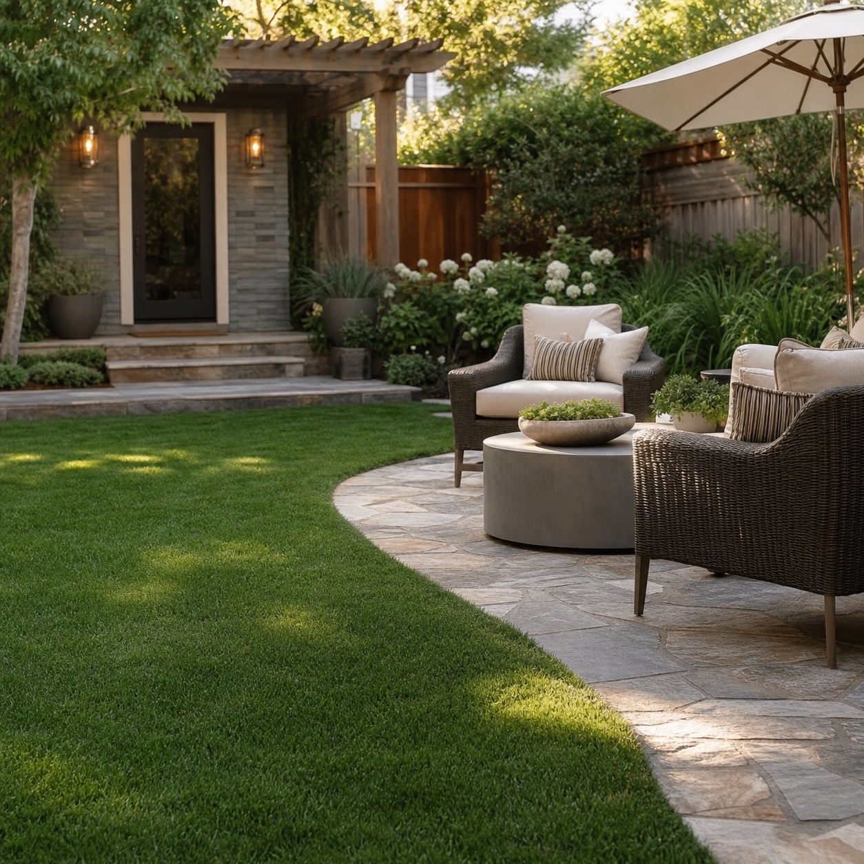 A backyard lawn meeting a stone patio with outdoor seating nearby.