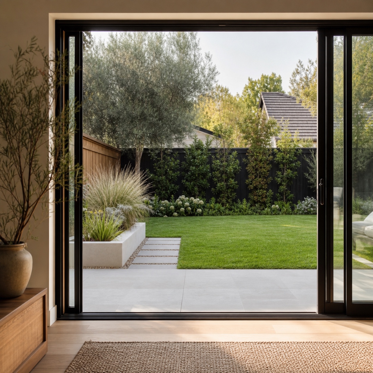 A backyard lawn viewed through open sliding glass doors from inside the home.