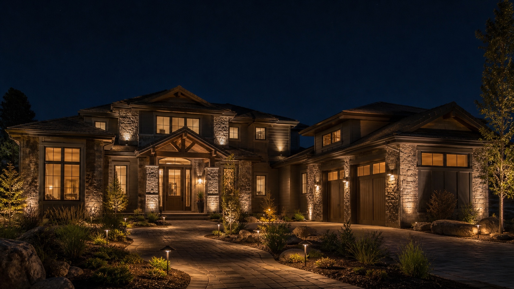 Balanced layered house exterior lighting at night A complete home facade at night with warm ambient lighting, accent uplights, and task lighting along the path. | Sky Rye Design A complete home facade at night with warm ambient lighting, accent uplights, and task lighting along the path.
