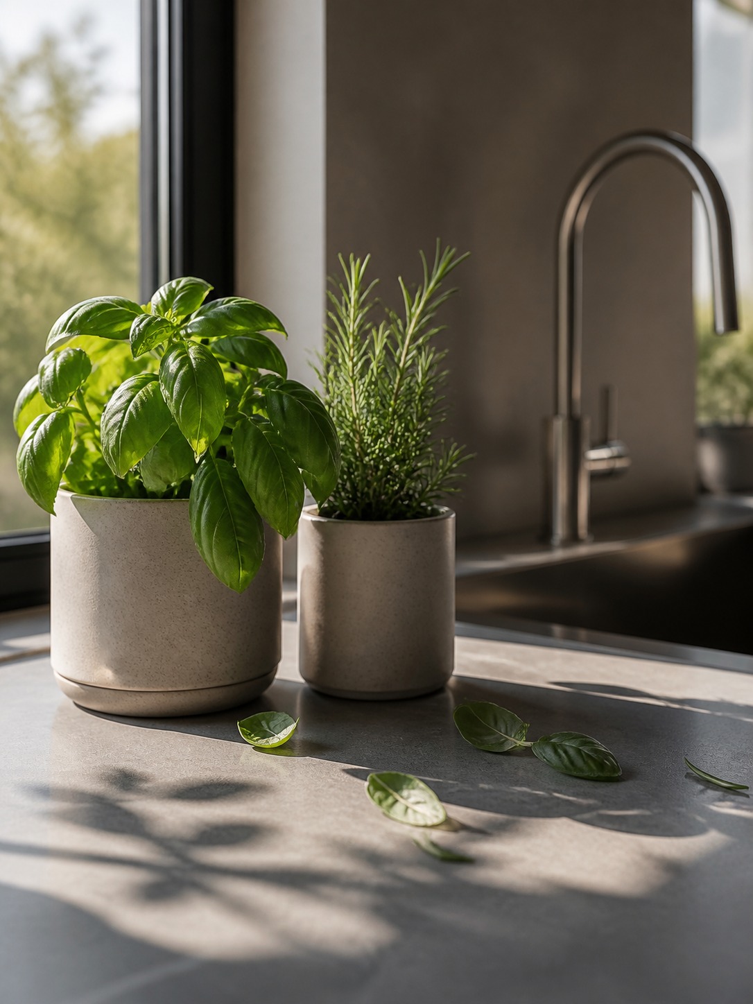 Basil and rosemary on modern kitchen counter Potted basil and rosemary on a honed stone kitchen countertop beneath a sunny window. | Sky Rye Design Potted basil and rosemary on a honed stone kitchen countertop beneath a sunny window.