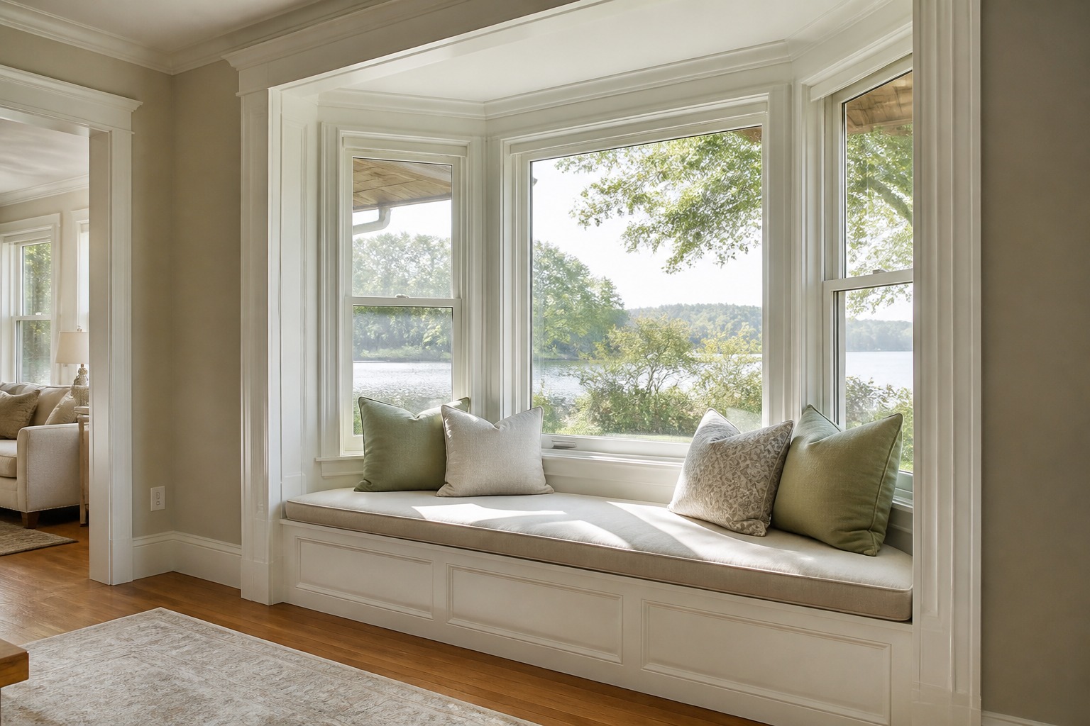 Bay window with generous trim and a built-in seat Bay window with generous painted trim, a built-in seat, and soft daylight. | Sky Rye Design Bay window with generous painted trim, a built-in seat, and soft daylight.