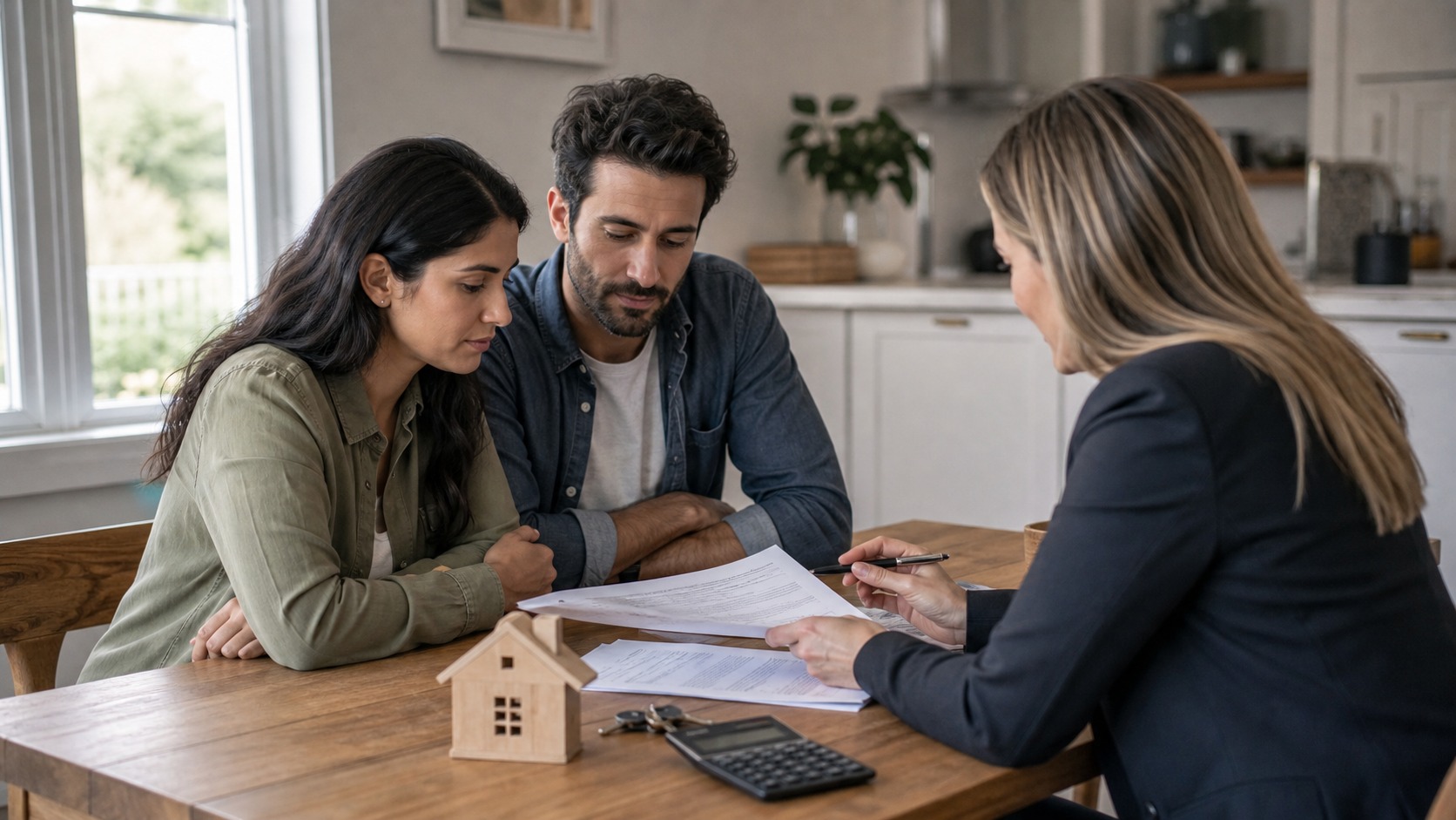 Home buyers reviewing an offer with a real estate agent while timing a house purchase for better value.