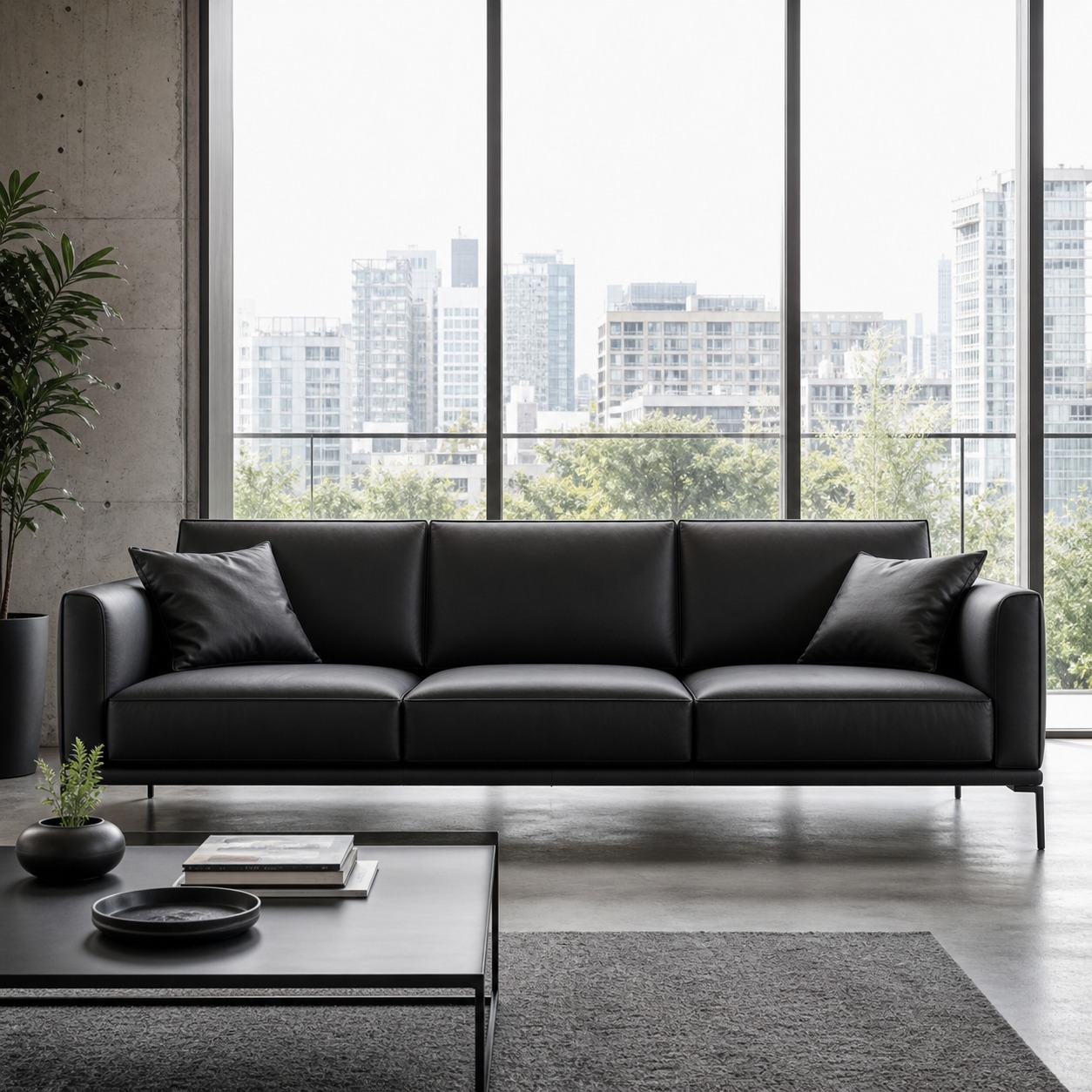 Black faux leather sofa in a modern apartment Black faux leather sofa in a sleek modern apartment | Sky Rye Design Black faux leather sofa in a sleek modern apartment