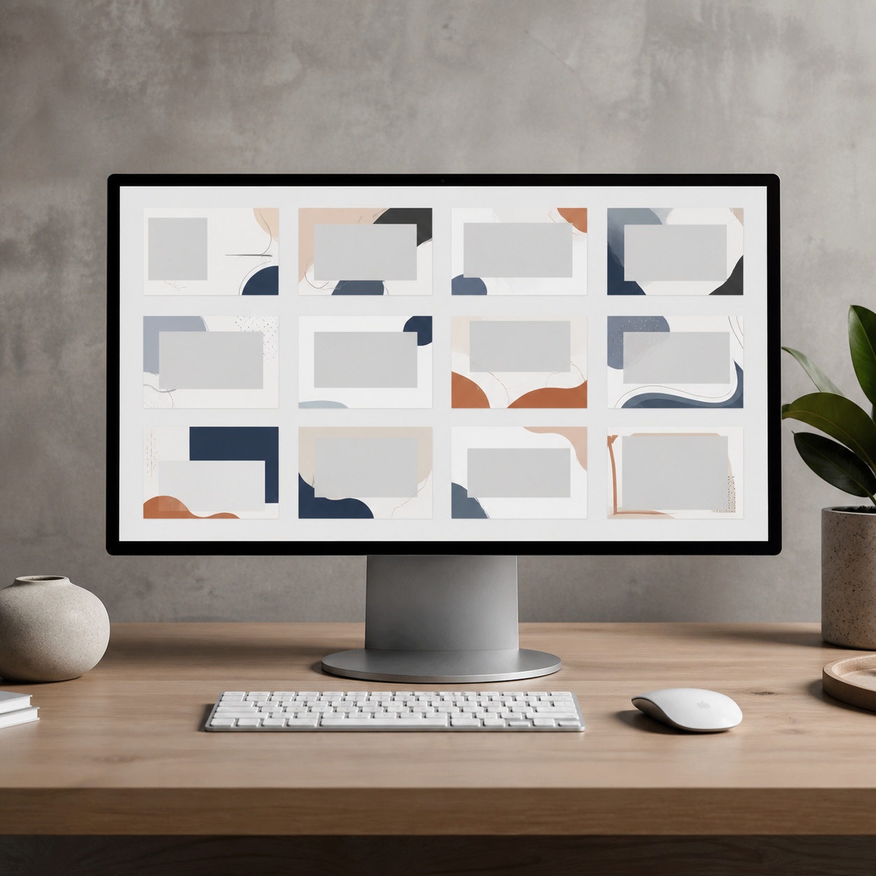A clean studio desk with a monitor showing brand frame templates for video exports.