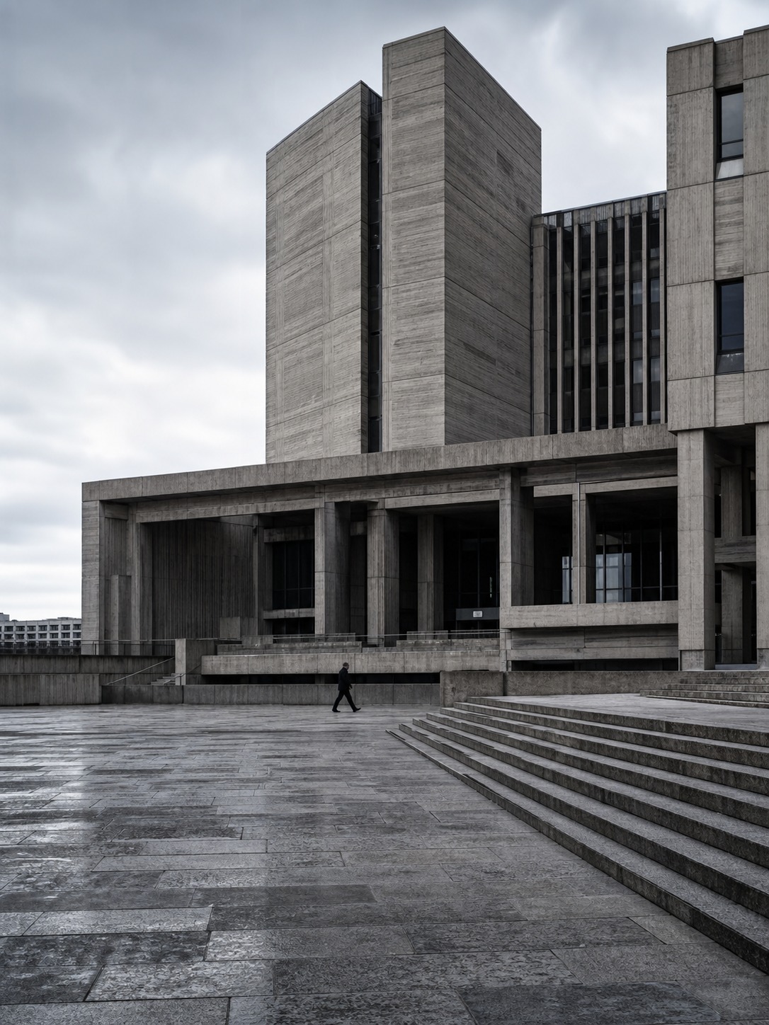 A monumental brutalist government building plaza with a single small silhouetted figure for scale.