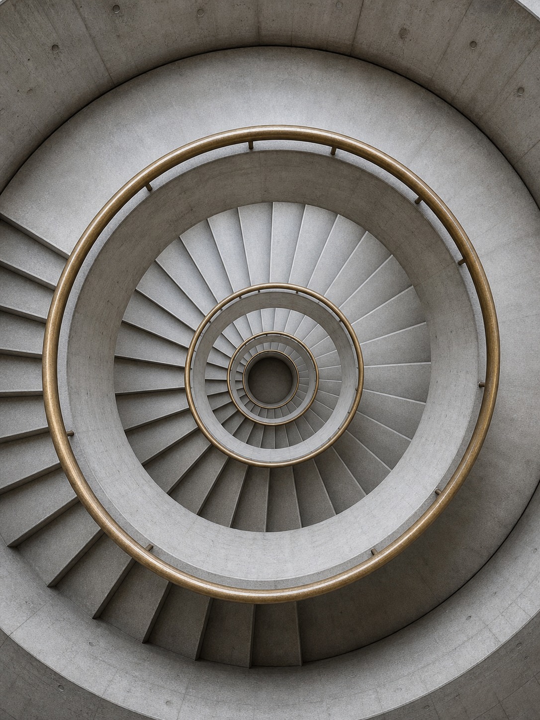 A top-down view of a spiral concrete staircase inside a brutalist cultural center.