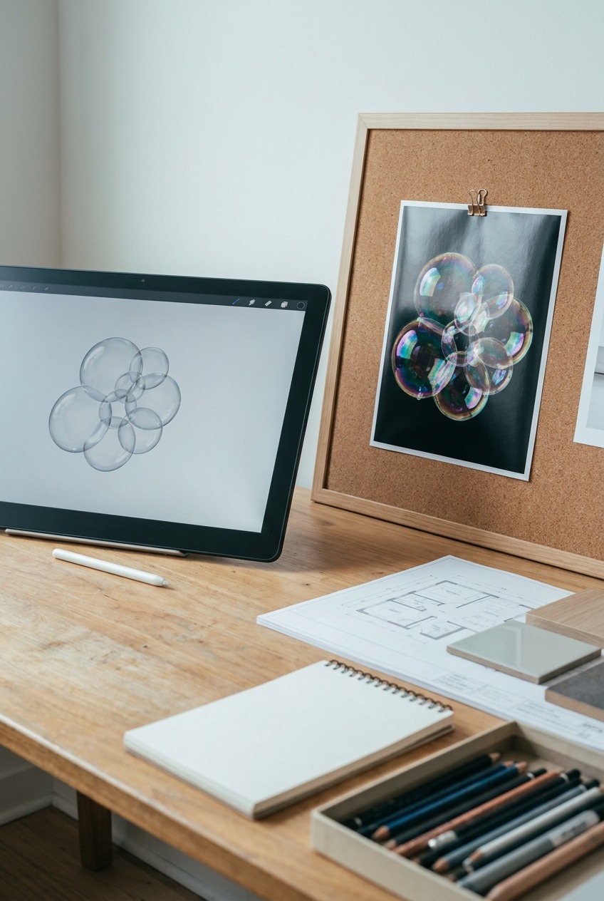 Design studio table with a soap bubble reference photo beside an in-progress digital tablet bubble drawing.