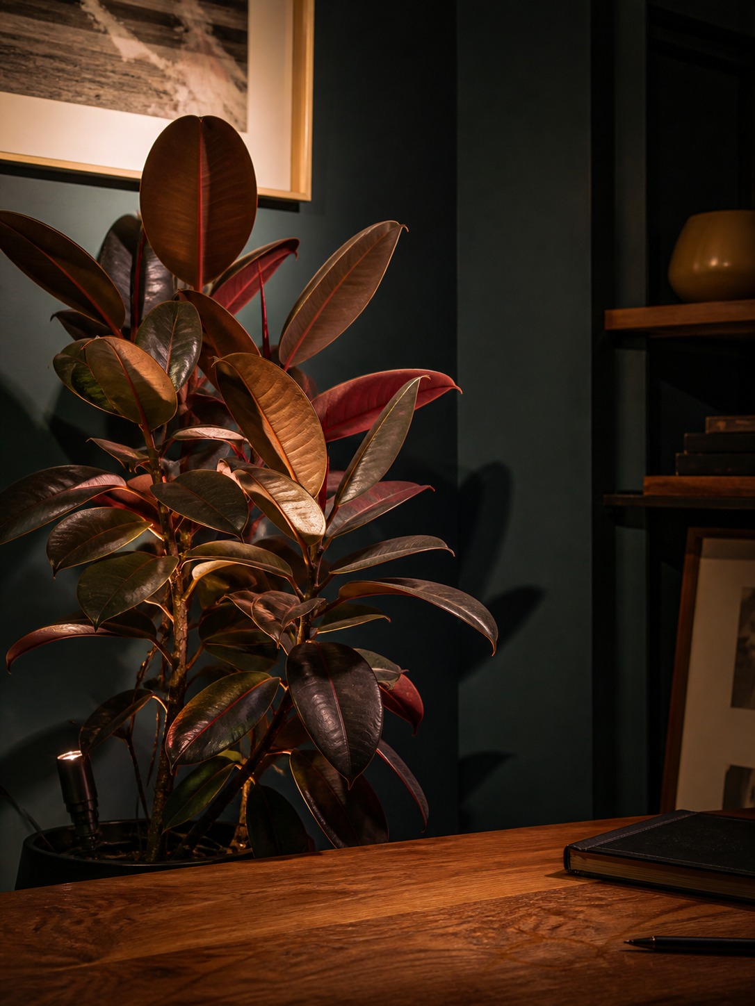 Burgundy rubber plant in a dark home office Burgundy rubber plant lit by a warm uplight in a dark teal home office with a walnut desk. | Sky Rye Design Burgundy rubber plant lit by a warm uplight in a dark teal home office with a walnut desk.