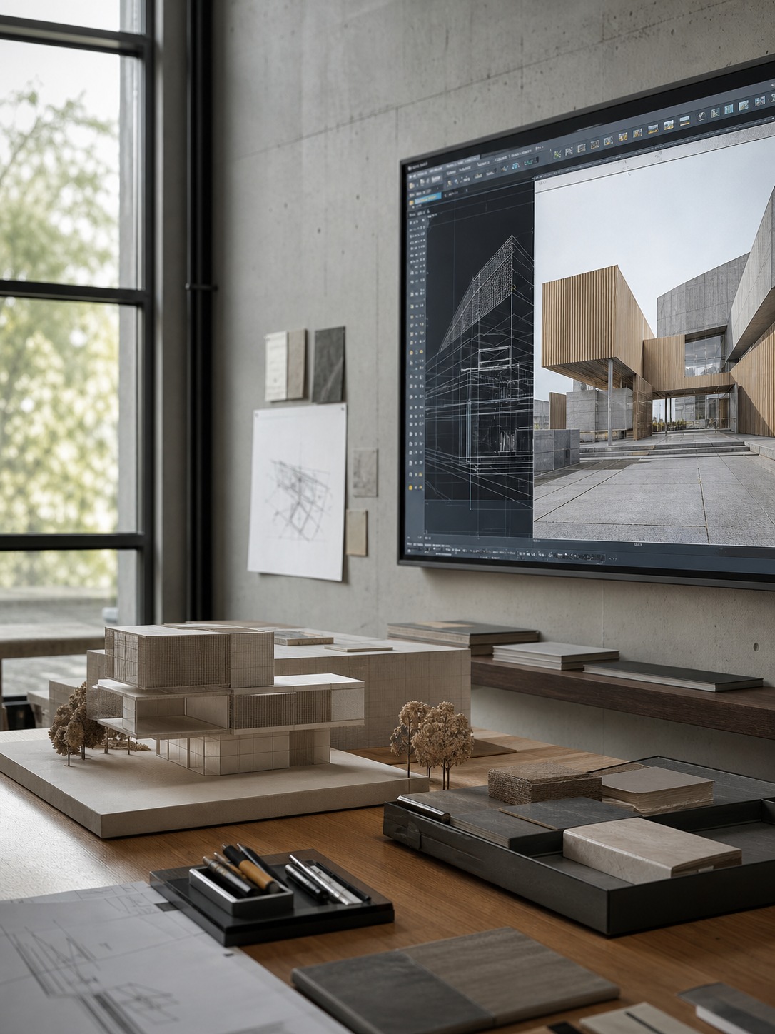 CAD and 3D asset review on a large display Large studio display showing a CAD model and 3D rendering asset with a physical model below. | Sky Rye Design Large studio display showing a CAD model and 3D rendering asset with a physical model below.