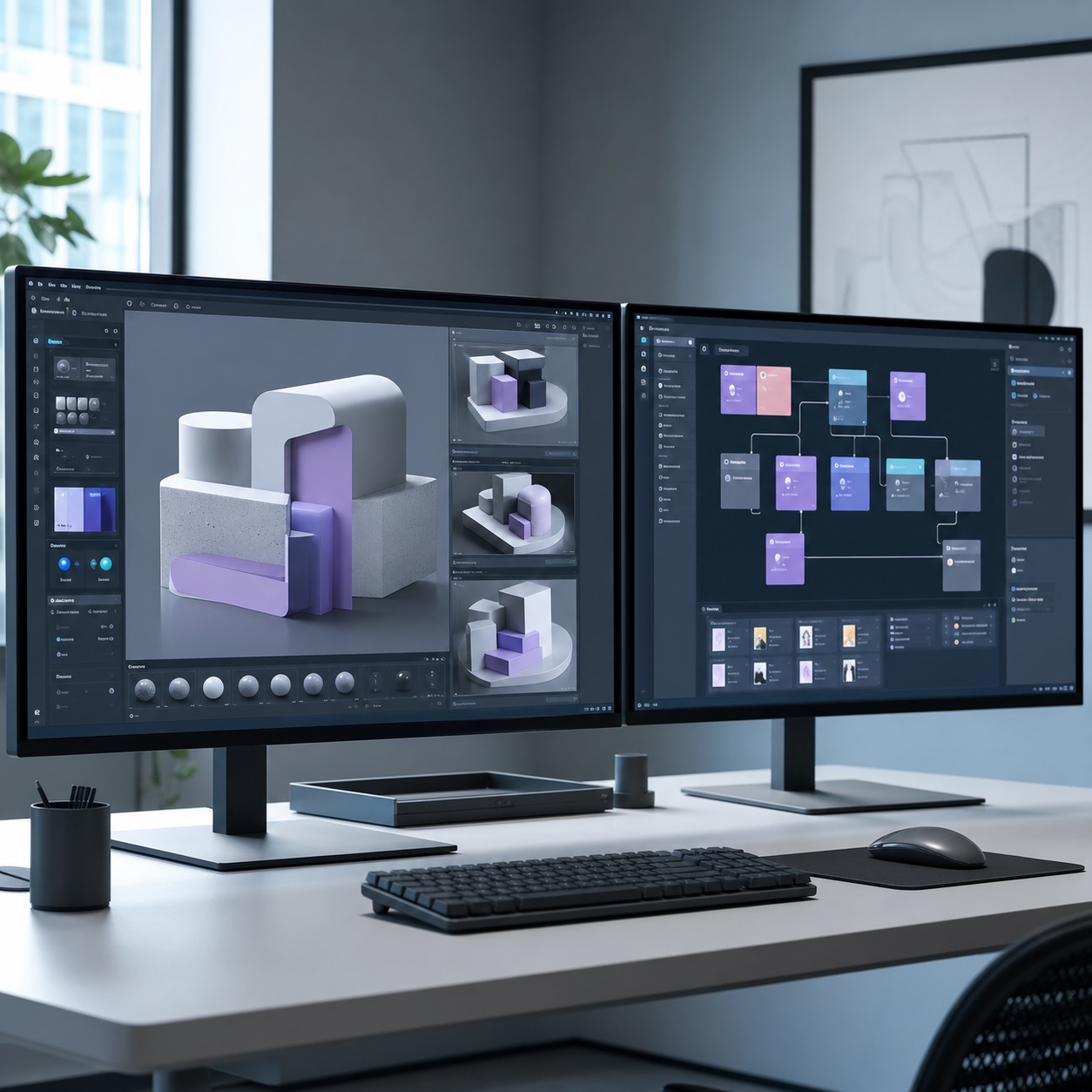 CAD rendering workflow and project board Two studio monitors showing abstract CAD rendering and project board interfaces. | Sky Rye Design Two studio monitors showing abstract CAD rendering and project board interfaces.