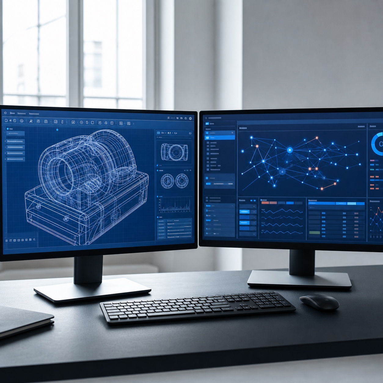 CAD workstation with network monitoring dashboard Two studio monitors showing a CAD workstation interface and a network monitoring dashboard. | Sky Rye Design Two studio monitors showing a CAD workstation interface and a network monitoring dashboard.