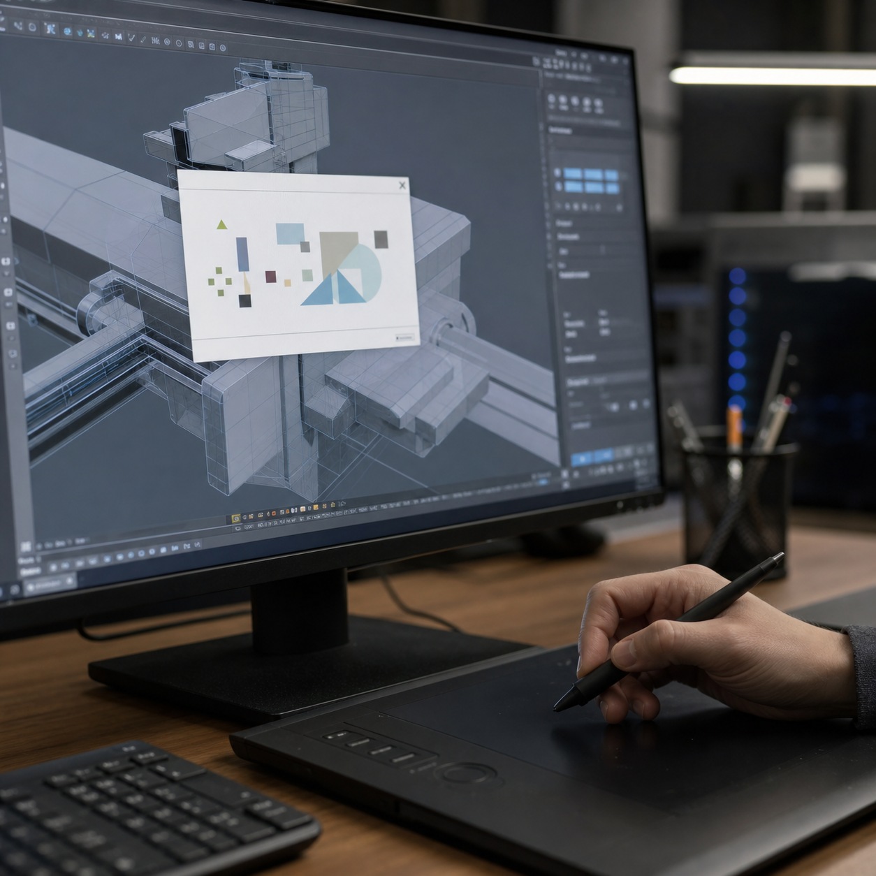 CAD workstation with an abstract error dialog and a hand using a graphics tablet.