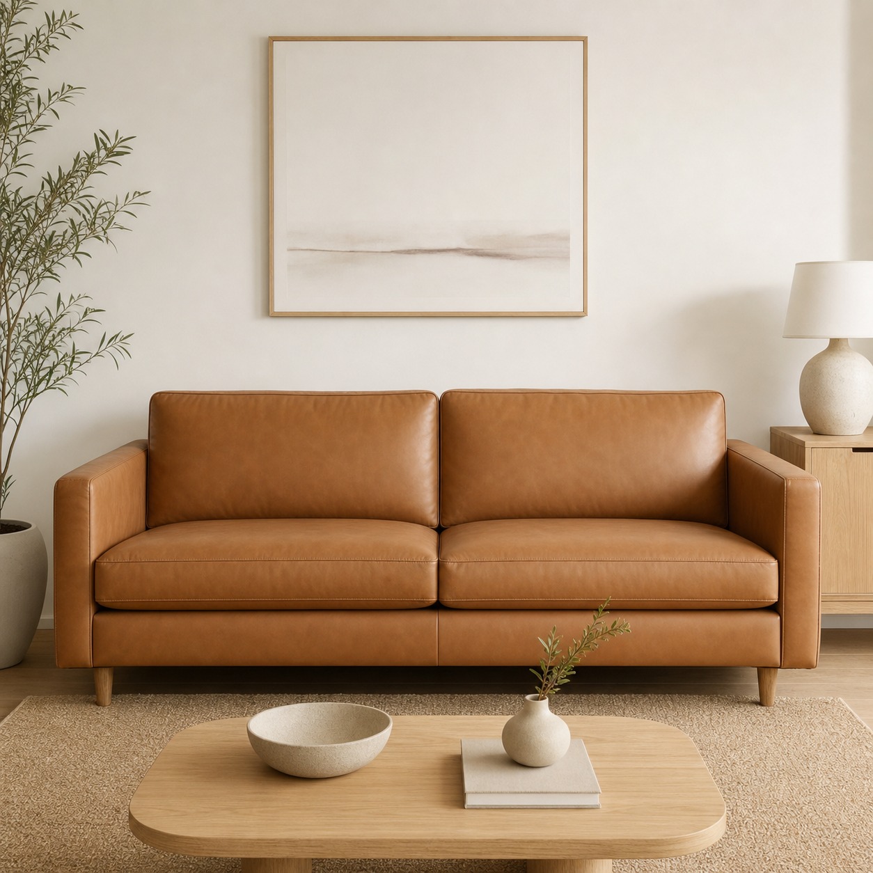 Camel top-grain leather sofa in a warm minimal room Camel top-grain leather sofa in a warm minimalist living room | Sky Rye Design Camel top-grain leather sofa in a warm minimalist living room