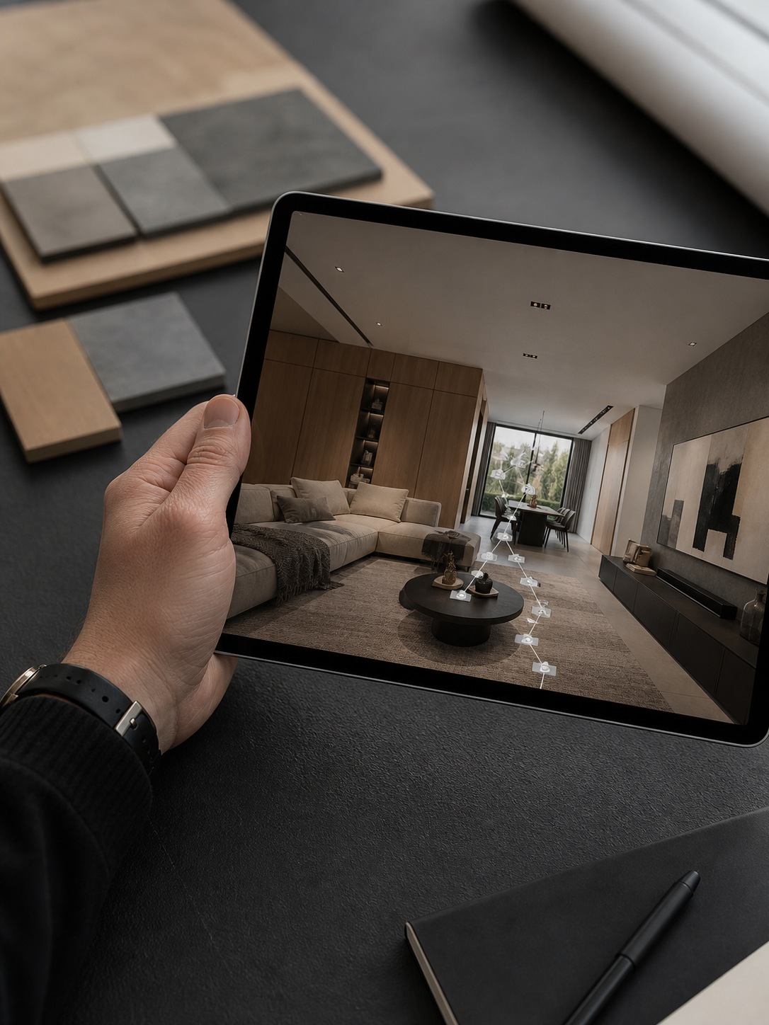 Camera movement preview on a design tablet A designer hand holds a tablet showing a camera movement path over a generated interior scene. | Sky Rye Design A designer hand holds a tablet showing a camera movement path over a generated interior scene.