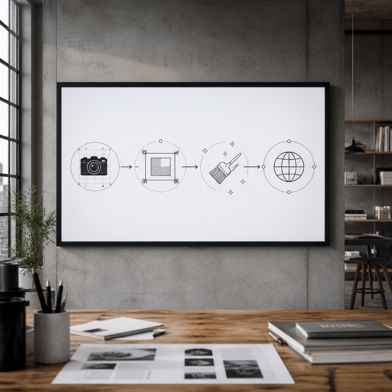 Large studio screen showing a clean capture, upscale, clean and publish workflow diagram