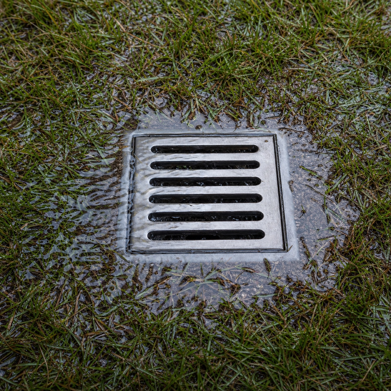A metal catch basin grate set flush into wet grass after rain.