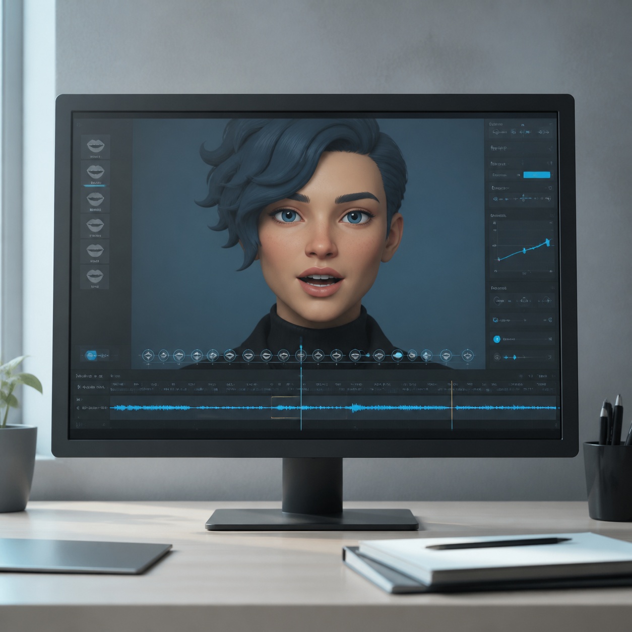 A monitor displaying a character portrait with lip sync animation markers.