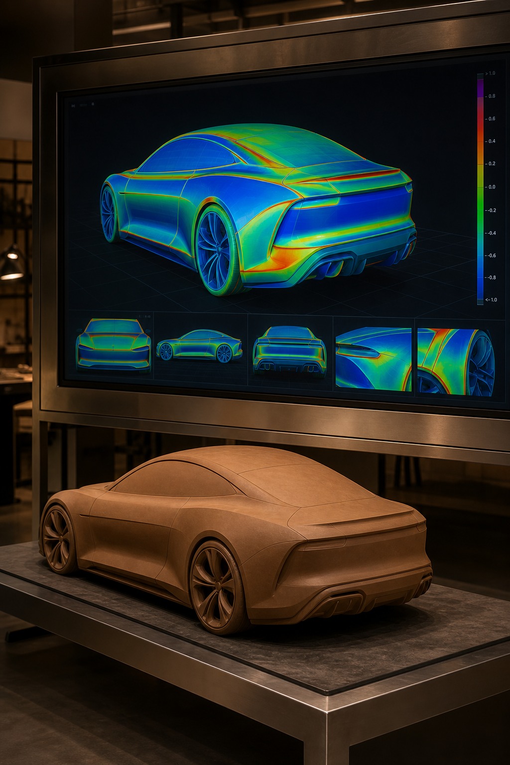 Class-A surfacing and clay model studio A design studio screen showing curvature analysis beside a physical automotive clay model. | Sky Rye Design A design studio screen showing curvature analysis beside a physical automotive clay model.