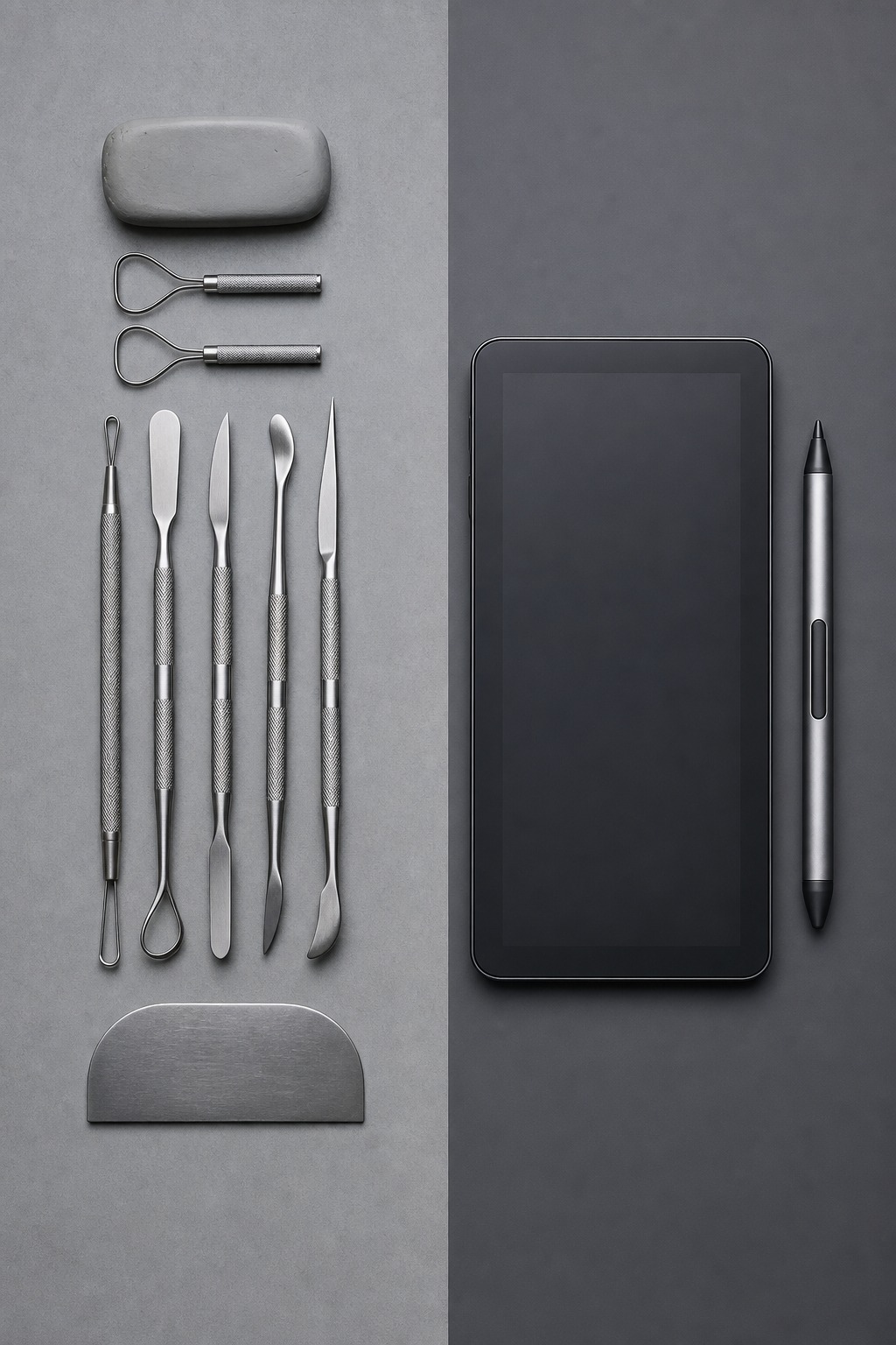Clay modeling tools beside digital stylus A flat-lay comparison of steel clay-modeling tools and a digital stylus beside a tablet. | Sky Rye Design A flat-lay comparison of steel clay-modeling tools and a digital stylus beside a tablet.