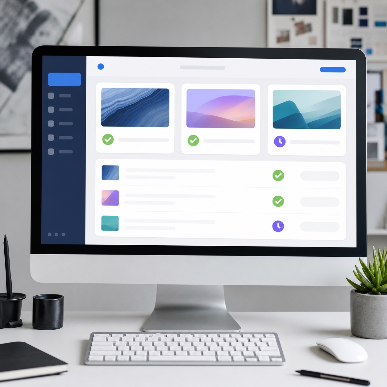 Client approval portal in a design studio Designer desk with a monitor showing an abstract client approval portal interface. | Sky Rye Design Designer desk with a monitor showing an abstract client approval portal interface.