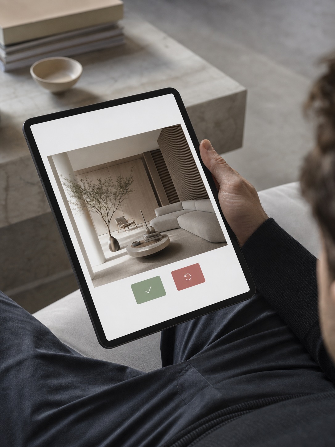 Client approval interface on a tablet Tablet interface for client approval of a design proof in a clean studio setting. | Sky Rye Design Tablet interface for client approval of a design proof in a clean studio setting.
