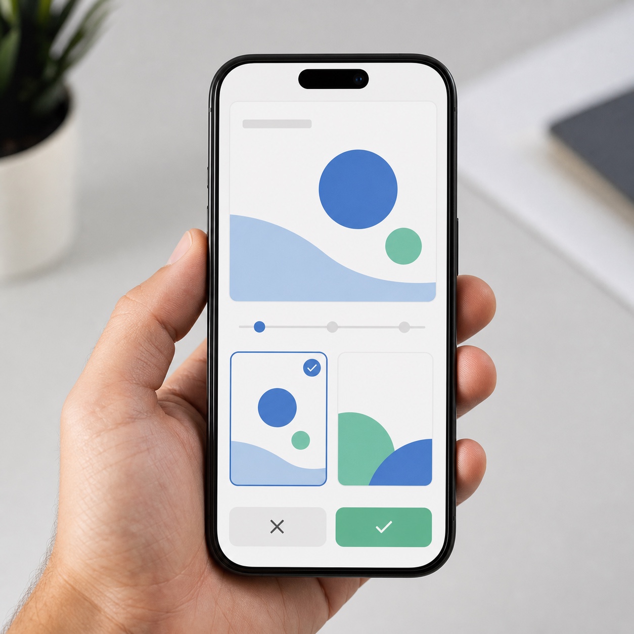 A smartphone showing a client-facing design approval interface above a minimalist desk.