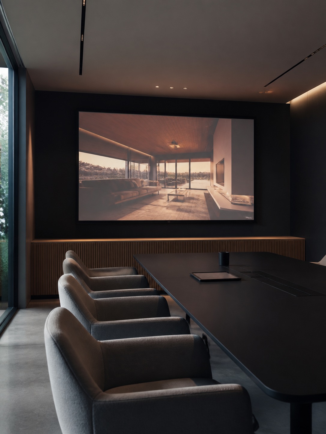 Client pitch deck presentation with animated interior render A modern conference room screen showing an animated interior render during a design pitch. | Sky Rye Design A modern conference room screen showing an animated interior render during a design pitch.