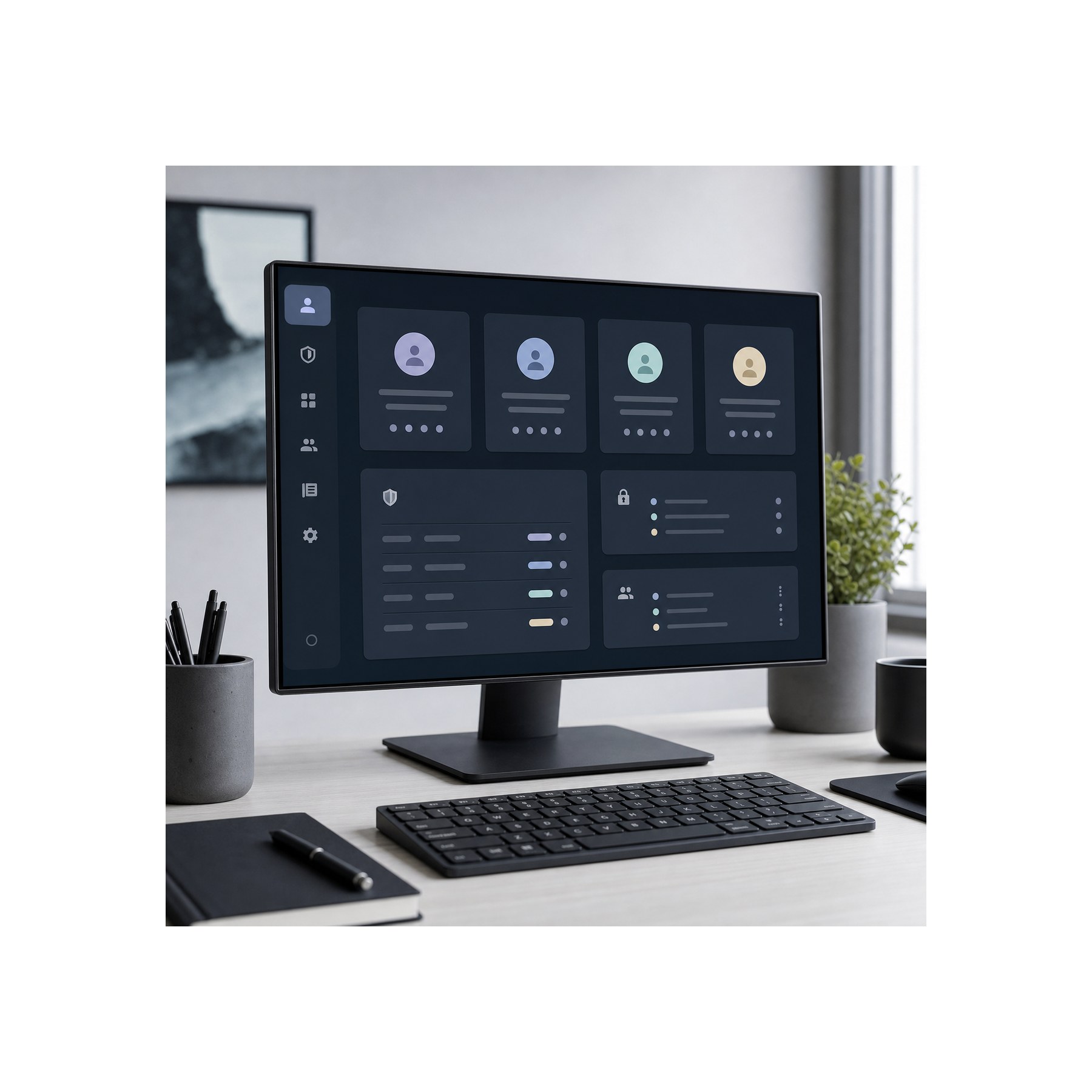 Client portal access control interface Designer desk with a monitor showing client portal access controls | Sky Rye Design Designer desk with a monitor showing client portal access controls