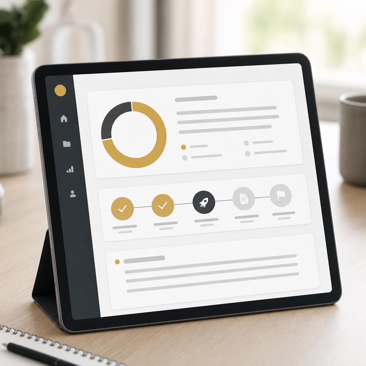 Client progress report dashboard on tablet Tablet showing a simplified construction progress report with milestone status indicators. | Sky Rye Design Tablet showing a simplified construction progress report with milestone status indicators.