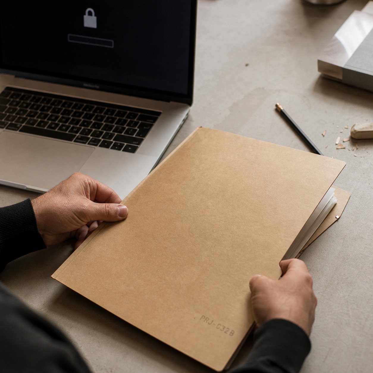 Designer closing a kraft project folder beside a laptop lock screen.