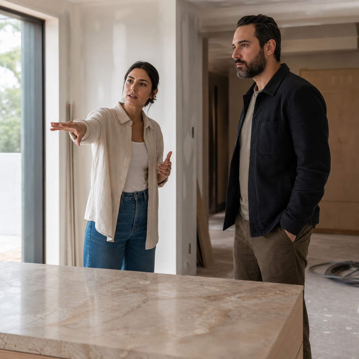 Designer walking a client through a partially finished space Designer walking a client through a partially finished space while pointing toward a completed interior detail. | Sky Rye Design Designer walking a client through a partially finished space while pointing toward a completed interior detail.