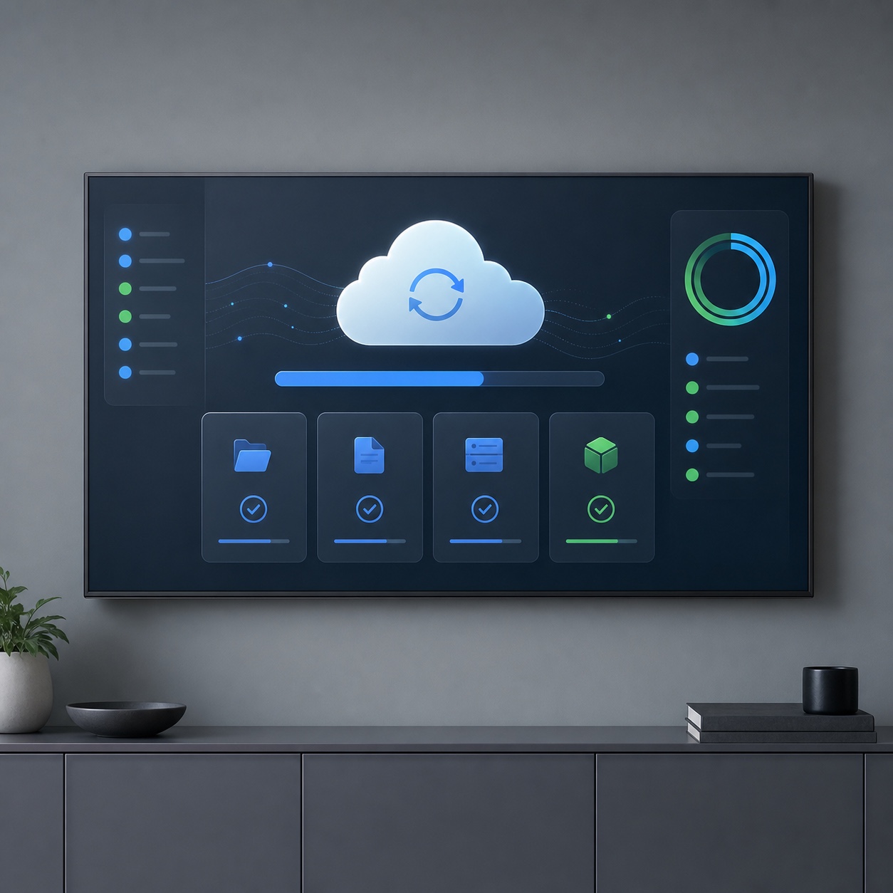 Cloud backup sync dashboard Wall-mounted studio display showing an abstract backup and sync status dashboard. | Sky Rye Design Wall-mounted studio display showing an abstract backup and sync status dashboard.