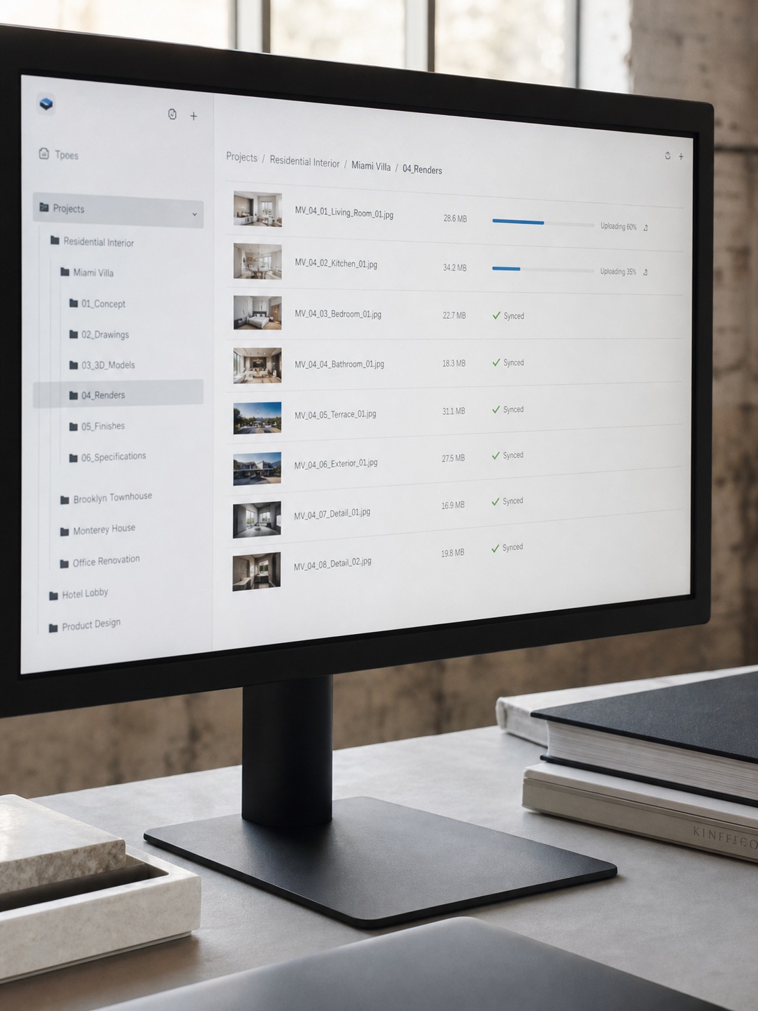 Cloud file sync visualization on screen Close monitor view of cloud file sync for organized design assets in a remote studio workflow. | Sky Rye Design Close monitor view of cloud file sync for organized design assets in a remote studio workflow.